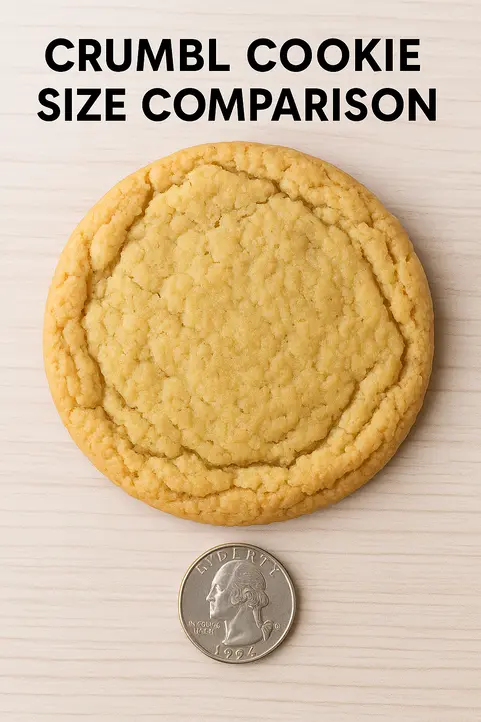 Crumbl Cookies Flavors for Next Week—June 23-28, 2025: Your Ultimate Cookie Guide 4 "A single Crumbl cookie placed on a light wooden surface with a U.S. quarter coin below it for scale, clearly showing the large size and thick texture of the cookie in comparison to the small coin."