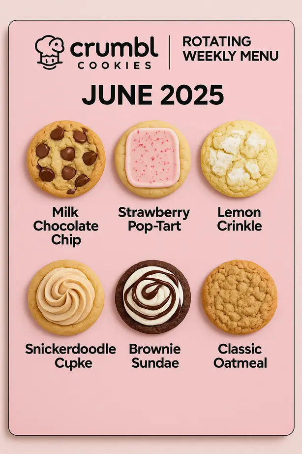 Crumbl LTOs June 2025 Cakes and Desserts: Your Ultimate Guide to This Month's Sweet Temptations 2 "Crumbl Cookies weekly menu rotation calendar featuring a soft pink design with a grid layout labeled Sunday through Saturday, each cell marked with 'MENU' to indicate daily cookie offerings throughout the month."
