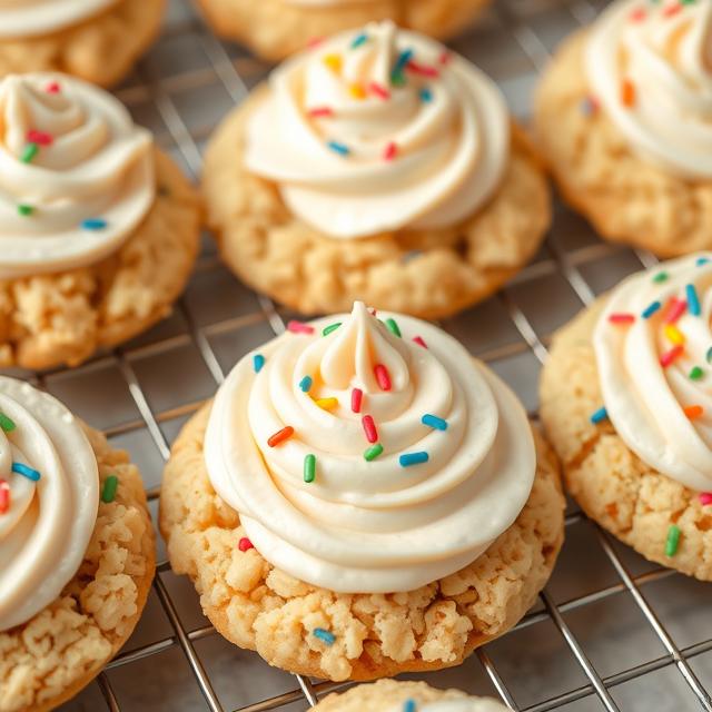 Frosted Crumbl birthday cake cookies with sprinkles, topped with creamy frosting swirls.