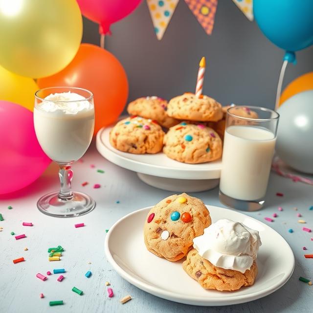 Crumbl cake batter cookies on a party table with milk and ice cream.
