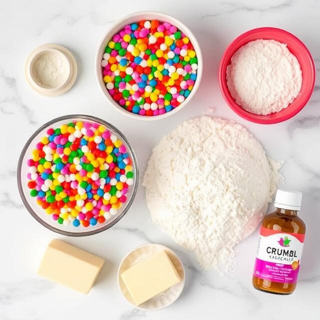 Ingredients for Crumbl birthday cake cookies with sprinkles, including rainbow jimmies and flour.