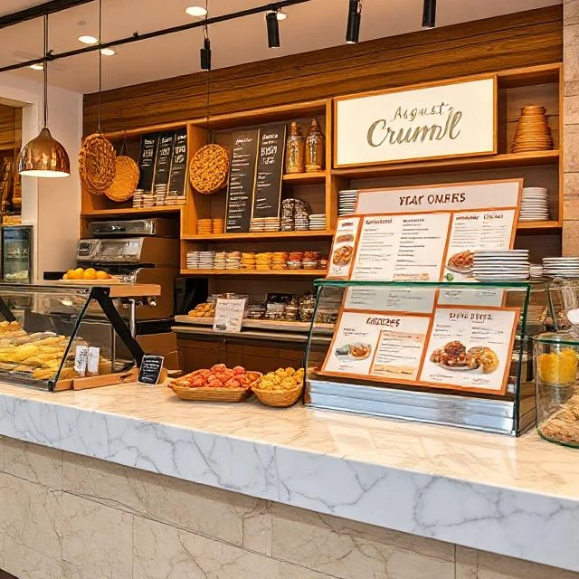 "Crumbl Cookies August 2025 menu display with cookies on a store counter and pink boxes."