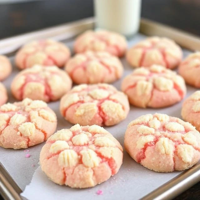 “Freshly baked Copycat Crumbl Pink Sugar Cookies on a tray”