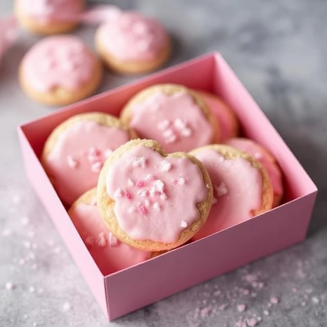 “Frosted Copycat Crumbl Pink Sugar Cookies in a pink box”