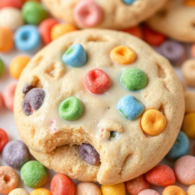 "Crumbl Cookies August 2025 Fruity Cereal Milk cookie with colorful cereal pieces and glaze on a pink box."
Crumbl Cookies Spoilers August 2025