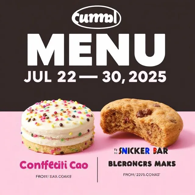 Crumbl Cookies Menu & Prices 2025 – Cost Per Cookie & Packs 5 “Promotional banner for July 22–30, 2025, Crumbl Cookies menu, showcasing Confetti Cake and Peanut Butter ft. Snickers Bar.”