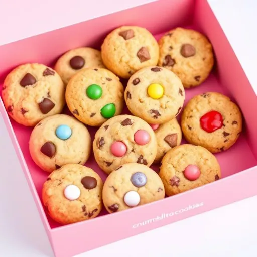 “Mini Crumbl Cookies in a pink box, showcasing flavors like Milk Chocolate Chip and Strawberry Crumb Cake.”