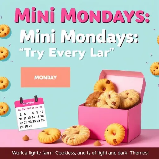 “Promotional banner for Mini Mondays at Crumbl Cookies, featuring mini cookies in a pink box.”