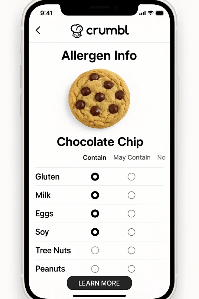 Crumbl Cookies Allergen Menu on mobile app for safe cookie selection.