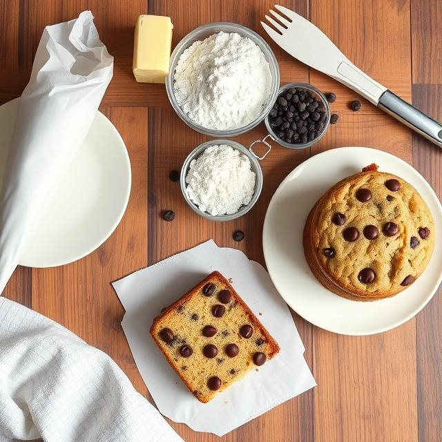 Chocolate chip cookie cake recipe card with ingredients and a decorated cake slice.