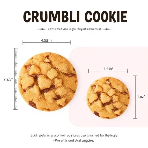  “Infographic comparing Crumbl Cookie sizes: regular (4.25 inches, 5–6 oz) vs. mini (2.5 inches, 1.5–3 oz) with a ruler for scale.”