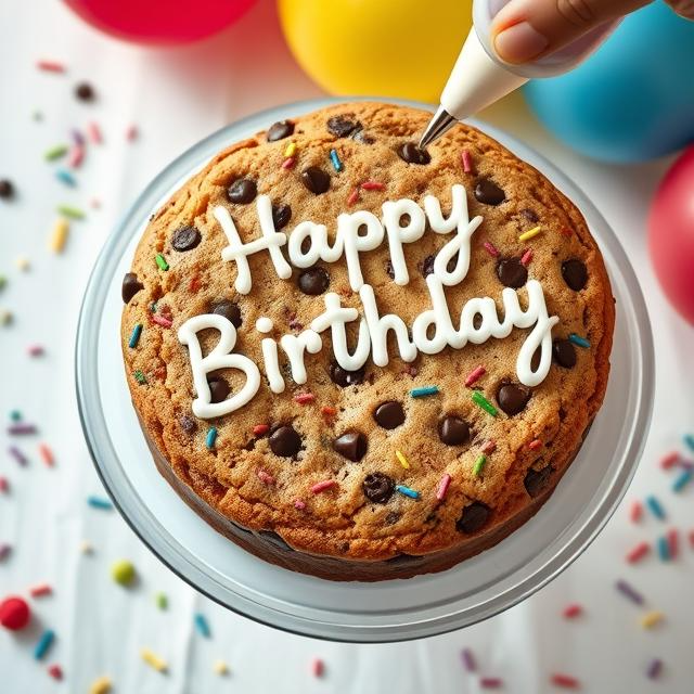 Decorated chocolate chip cookie cake with colorful sprinkles and ‘Happy Birthday’ piping.