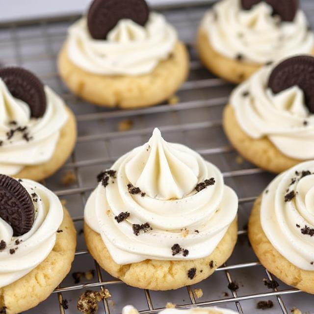 Crumbl Golden Oreo Cookies with White Chocolate Chips 2 Frosted Crumbl golden Oreo cookies with white chocolate chips and Oreo crumbs.