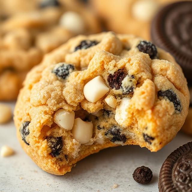 Crumbl Golden Oreo Cookies with White Chocolate Chips 3 Crumbl golden Oreo cookie with white chocolate chips, showing chewy texture with a bite.