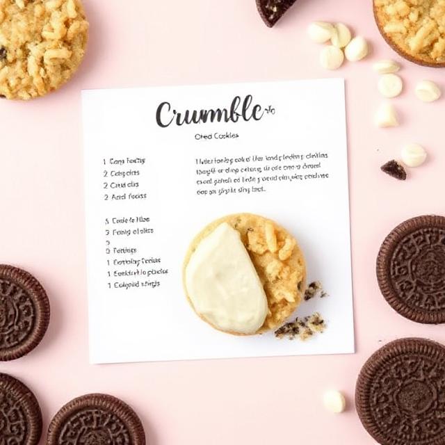 Crumbl Golden Oreo Cookies with White Chocolate Chips 5 Crumbl golden Oreo cookies recipe card with frosted cookie and white chocolate chips.