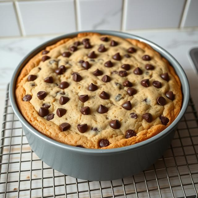 Freshly baked chocolate chip cookie cake in a 9-inch pan, golden edges with melty chocolate chips.