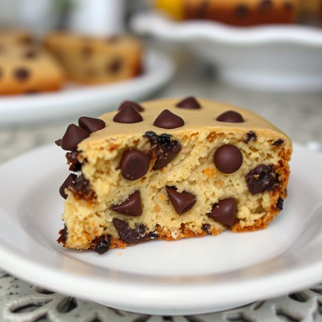 Close-up of a chewy chocolate chip cookie cake slice with melty chocolate chips.