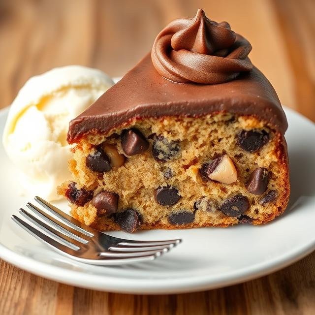 Chocolate chip cookie cake slice with peanut butter chips and frosting, served with vanilla ice cream.