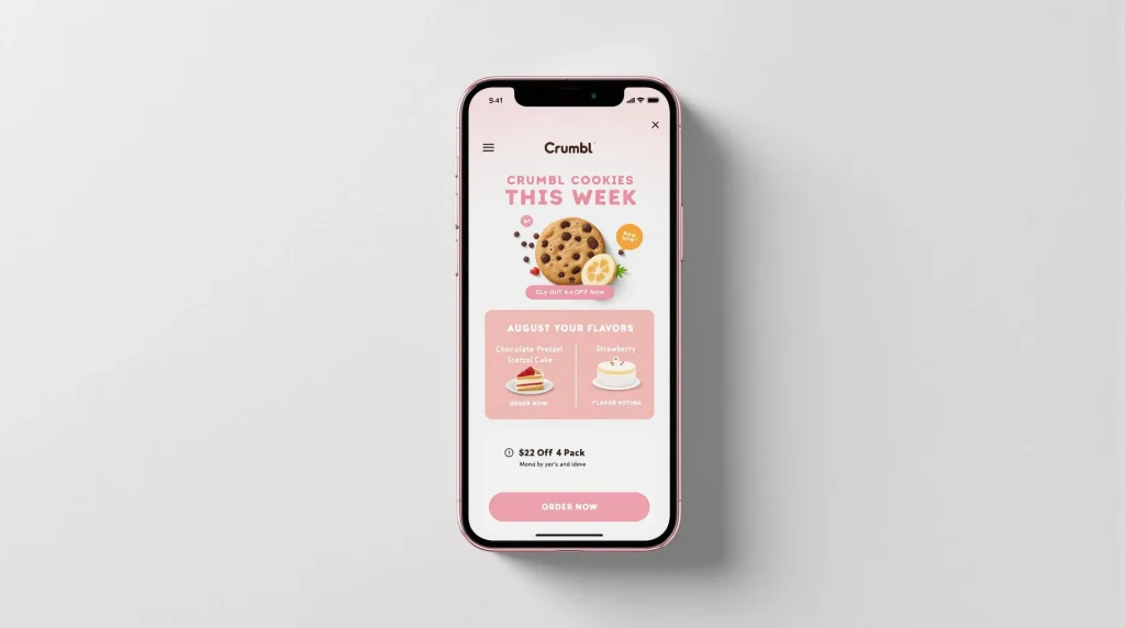Crumbl Cookie Flavors This Week August 2025: Latest Lineup & Insights 4 Smartphone mockup of the Crumbl Cookies app showing August 2025 flavors and a $2 off 4-pack deal, designed in pink and white.