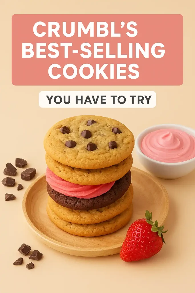 A stack of Crumbl’s top-selling cookies on a wooden plate, highlighting gooey centers and colorful toppings.