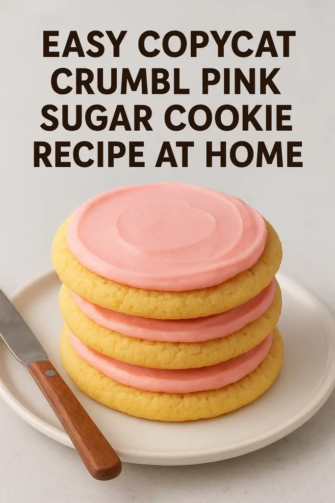 The Ultimate Guide to the Best Crumbl Pink Sugar Cookies: Bake 'Em Like a Pro at Home 2 Homemade Crumbl-style pink sugar cookies stacked on a plate with frosting spreader nearby.