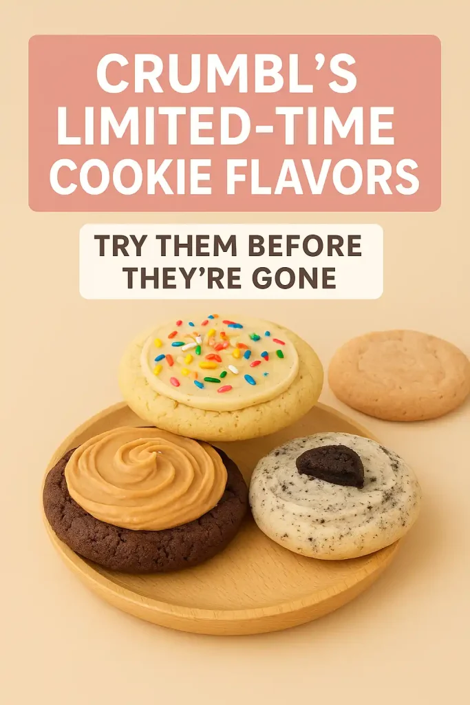 A graphic chart of Crumbl’s flavor categories with colorful cookies arranged by type (chocolate, fruity, classic, seasonal).