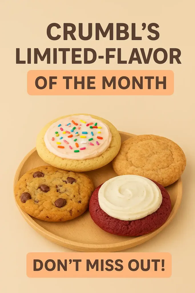 A behind-the-scenes look at freshly baked Crumbl cookies on a tray with ingredients like chocolate chunks, strawberries, and frosting bowls nearby.