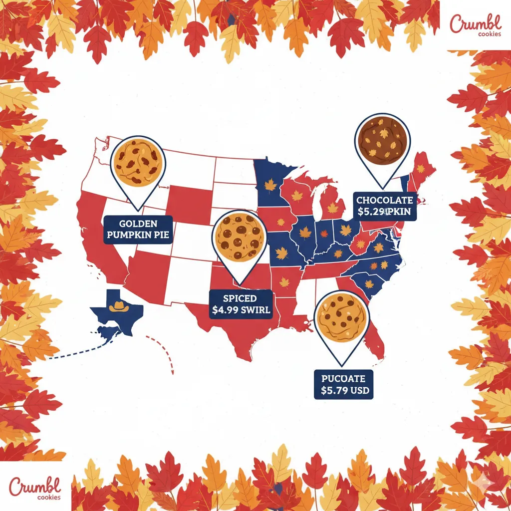 "U.S. regional prices for pumpkin Crumbl Cookies 2025: October spoilers map from coast to coast."