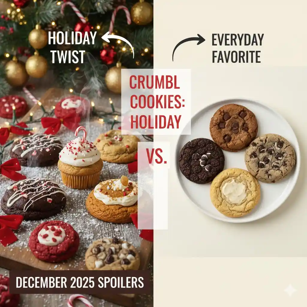 Crumbl Cookie Spoilers December 2025: Ultimate Guide for Holiday Flavors in the USA 4 "Comparison image of Crumbl Cookie spoilers December 2025 holiday flavors vs classics like Candy Cane Brownie and Milk Chocolate Chip for USA menu guide."