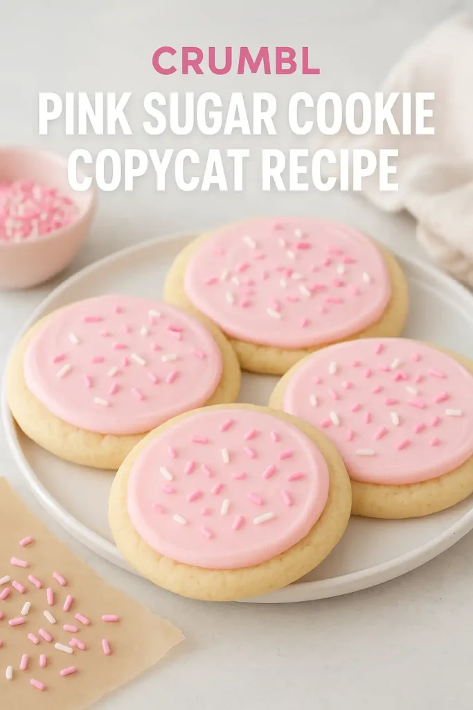 Crumbl Copycat Recipes You Can Try at Home 1 Homemade Crumbl pink sugar cookies on a white plate with pink frosting and sprinkles.