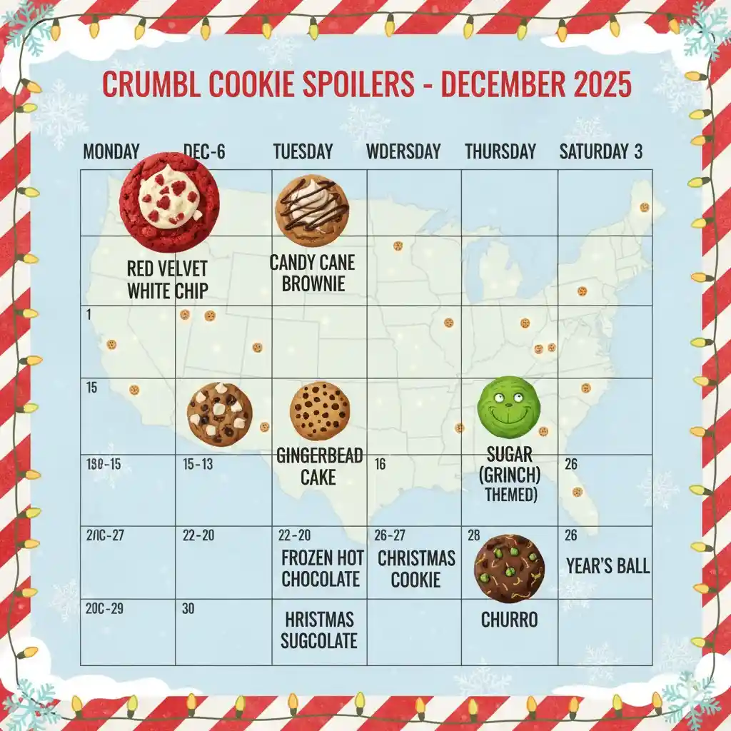 Crumbl Cookie Spoilers December 2025: Ultimate Guide for Holiday Flavors in the USA 2 "Infographic of Crumbl Cookie spoilers December 2025 calendar with weekly flavors like Peppermint Cookie and Christmas Sugar Deluxe for USA fans."