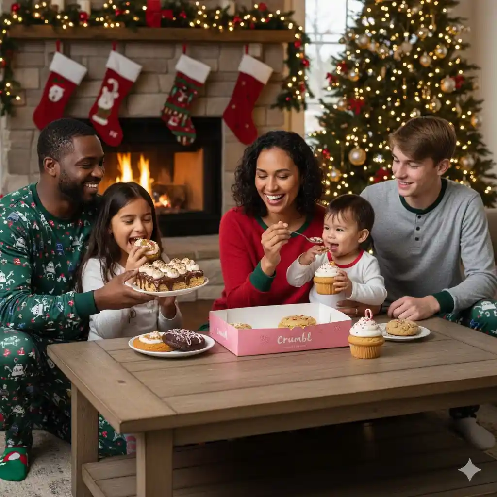Crumbl Cookie Spoilers December 2025: Ultimate Guide for Holiday Flavors in the USA 5 "Family enjoying Crumbl Cookie spoilers December 2025 flavors like S’mores Cake and Peppermint Ice Cream by holiday fireplace in USA home."