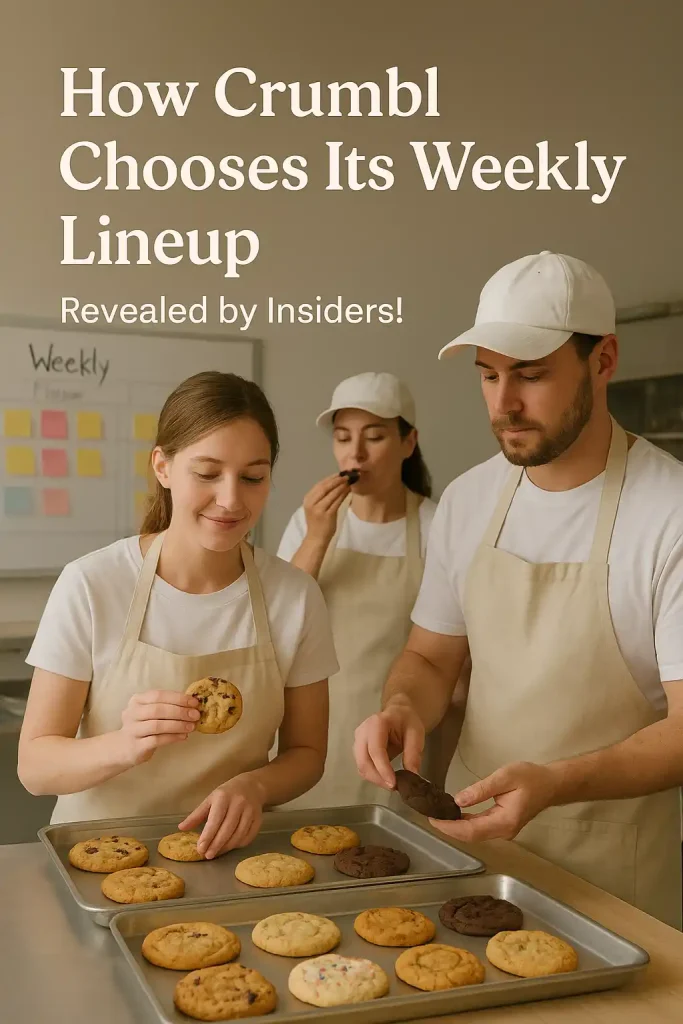 The Secret Behind Crumbls Rotating Menu System: Why American Cookie Lovers Can't Get Enough 1 Crumbl cookie test kitchen scene showing bakers choosing weekly flavors with cookies on trays.