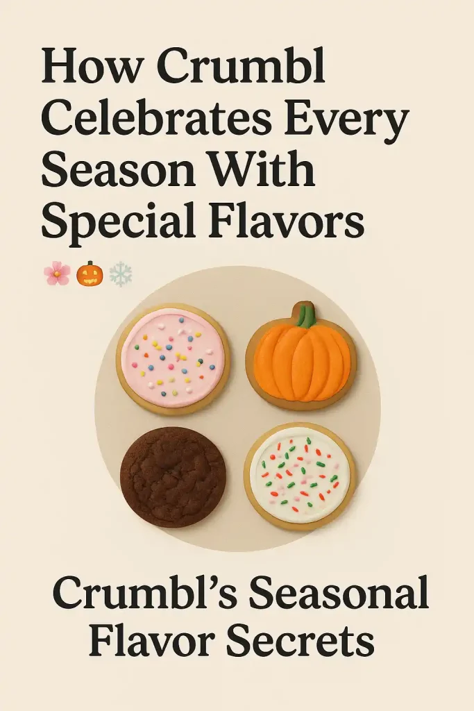 The Secret Behind Crumbls Rotating Menu System: Why American Cookie Lovers Can't Get Enough 3 Seasonal cookies collage: pastel spring cookies, pumpkin Halloween cookies, and winter holiday cookies.