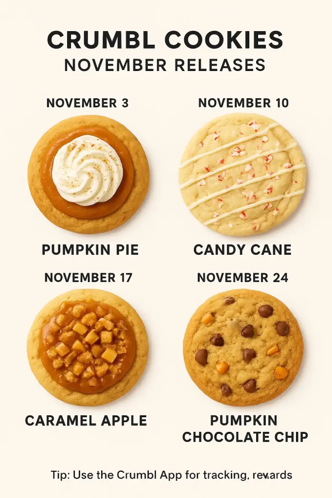Crumbl Cookie November Spoilers 2025: Your Ultimate Guide to the Sweetest Lineup 2 Four Crumbl Cookies for November 2025 releases: Pumpkin Pie cookie with whipped cream (Nov 3), Candy Cane cookie with peppermint drizzle (Nov 10), Caramel Apple cookie with diced apple topping (Nov 17), and Pumpkin Chocolate Chip cookie (Nov 24), displayed on a clean off-white background.