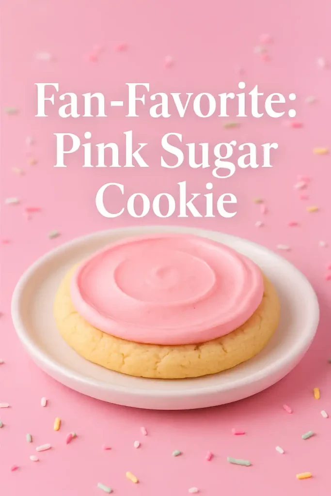 Top 10 Fan-Favorite Crumbl Cookies According to Pinterest Users in 2025 1 Crumbl Pink Sugar Cookie with smooth pink frosting on a pastel plate surrounded by sprinkles.