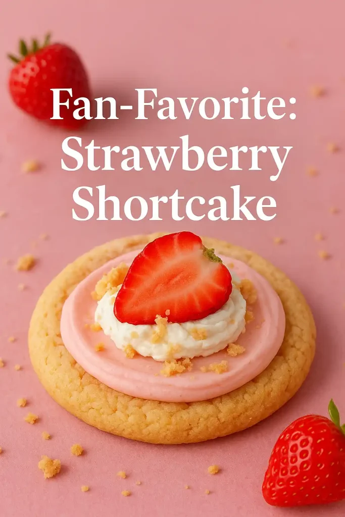 Top 10 Fan-Favorite Crumbl Cookies According to Pinterest Users in 2025 3 Strawberry shortcake-style Crumbl cookie topped with whipped cream and crushed golden crumbs on pink background.