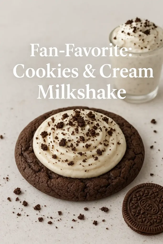 Top 10 Fan-Favorite Crumbl Cookies According to Pinterest Users in 2025 4 Cookies & Cream Milkshake Crumbl cookie topped with white frosting and Oreo crumbs beside a mini milkshake glass.