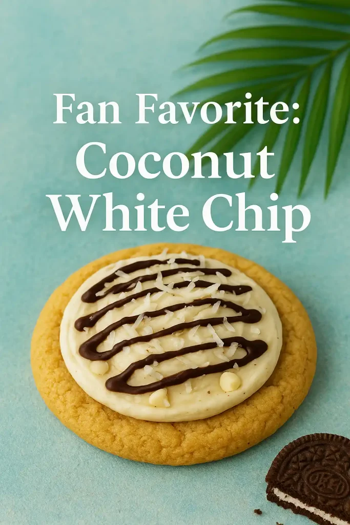 Top 10 Fan-Favorite Crumbl Cookies According to Pinterest Users in 2025 5 Coconut white chip Crumbl cookie with coconut flakes and chocolate drizzle on tropical-themed background.