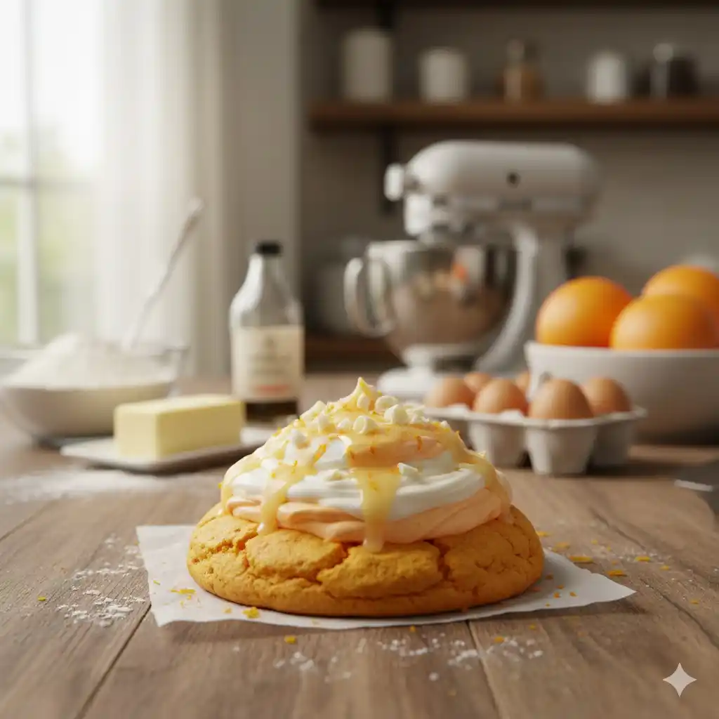 “Orange Creamsicle copycat cookie with ingredients and kitchen setup.”