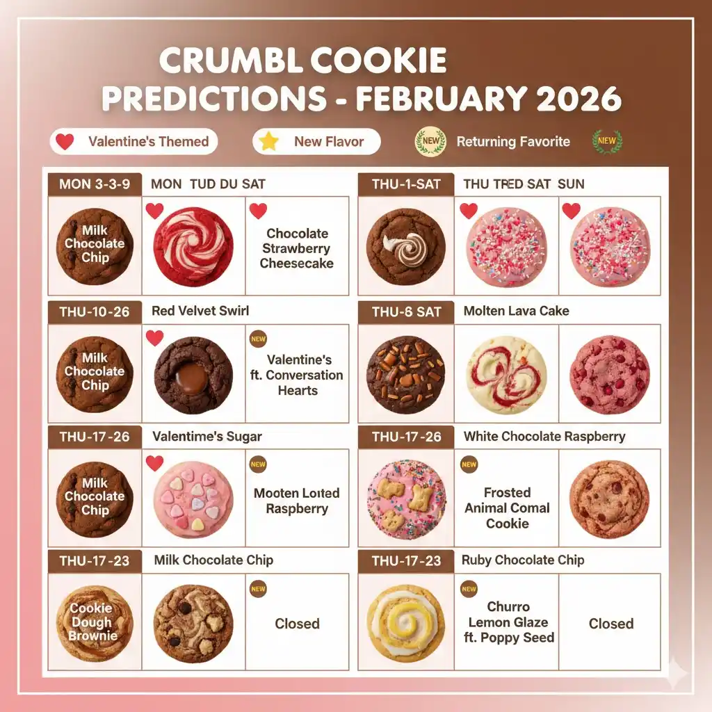 “Predicted week-by-week Crumbl Cookie flavors for February 2026 with new and returning varieties.”