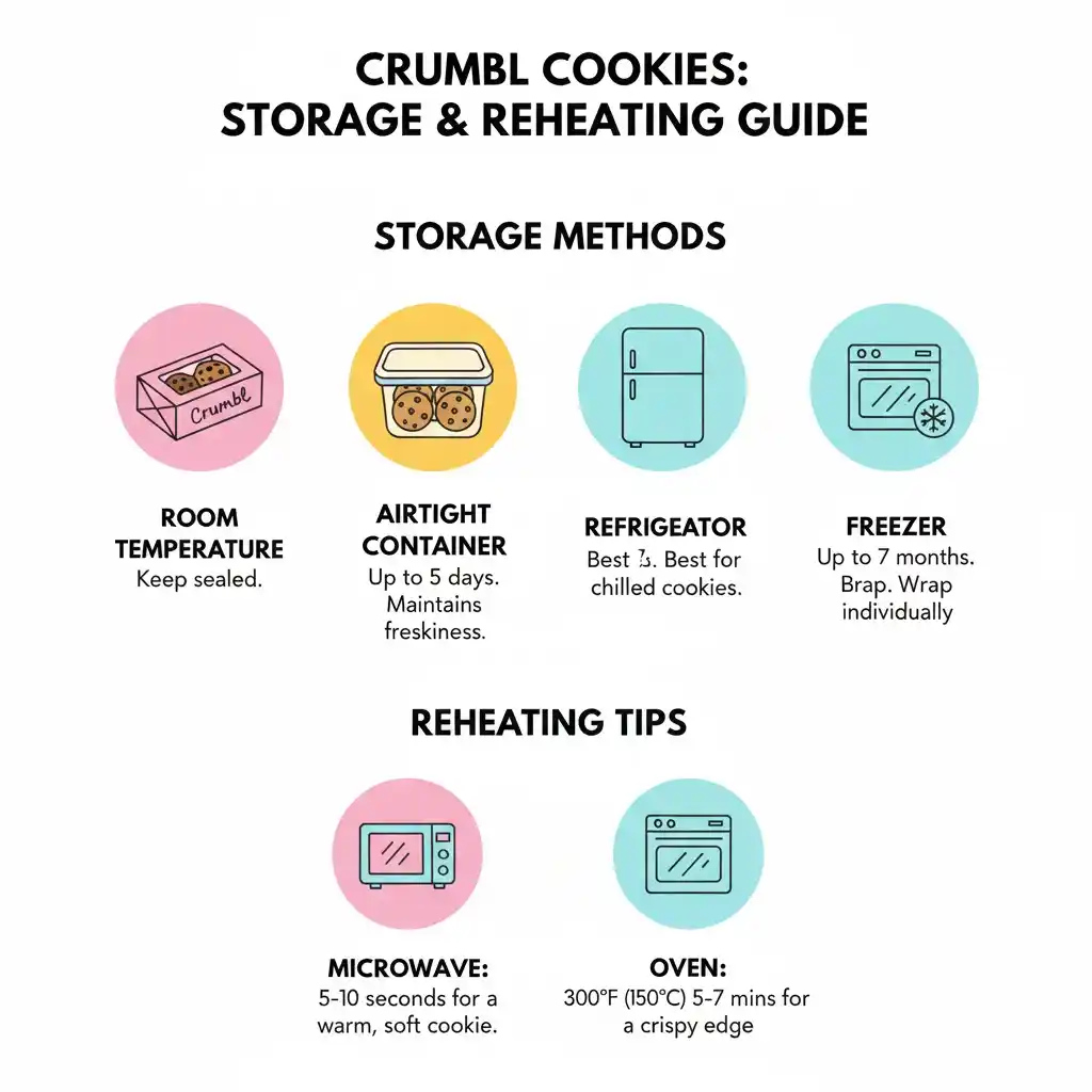 Crumbl Cookies This Week Flavors Near Me to Try or Skip 3 "Diagram showing storage and reheating methods for Crumbl Cookies including room temperature, fridge, freezer, microwave, and oven tips."