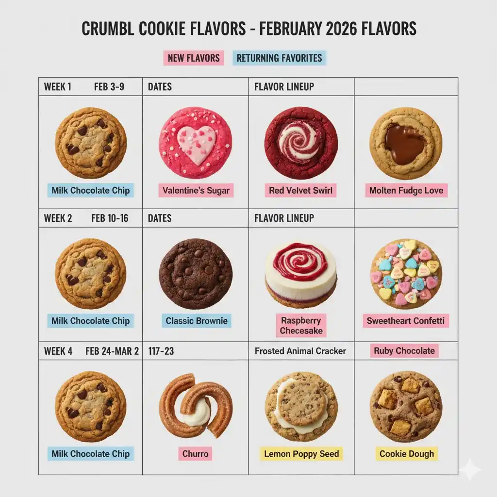 “Crumbl February 2026 weekly flavor calendar showing dates, predicted new releases, and returning favorites.”