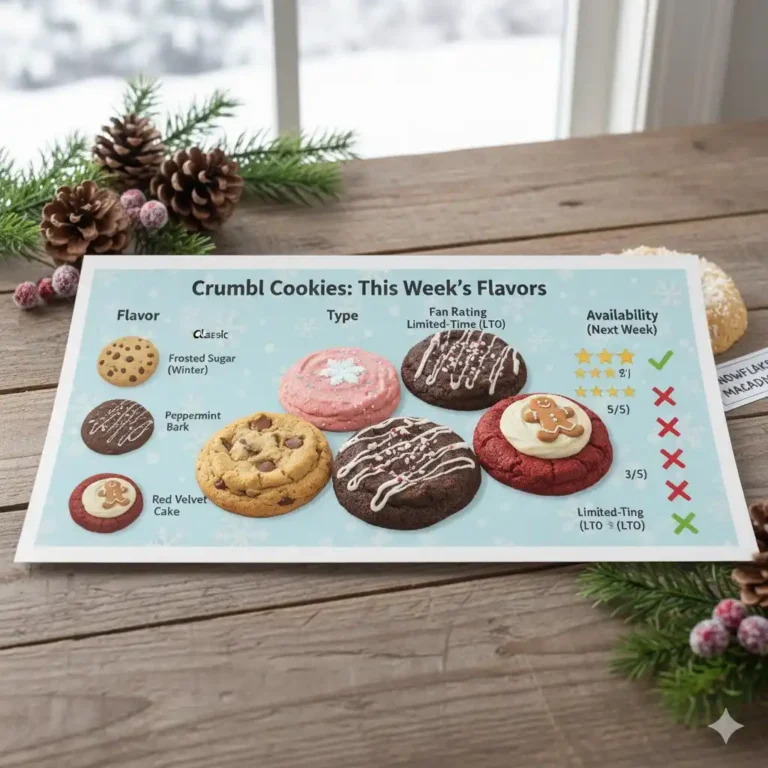 Crumbl Cookies Next Week Flavors (USA): Full Menu, Spoilers, Dates & What’s New 9 “Infographic comparing Crumbl cookies by type, popularity score, seasonal status, and next week availability.”