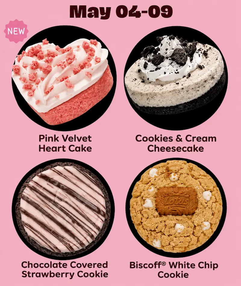 Pink bakery menu poster for May 04–09 featuring four desserts: Pink Velvet Heart Cake, Cookies & Cream Cheesecake, Chocolate Covered Strawberry Cookie, and Biscoff White Chip Cookie on a pastel pink background.